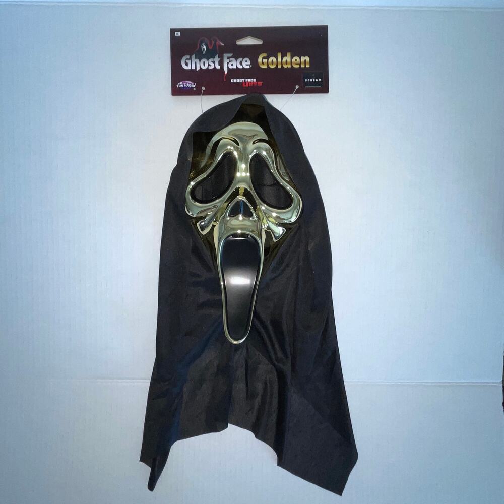 GHOST FACE SHINY GOLD MASK WITH SHROUD HALLOWEEN COSTUME NEW